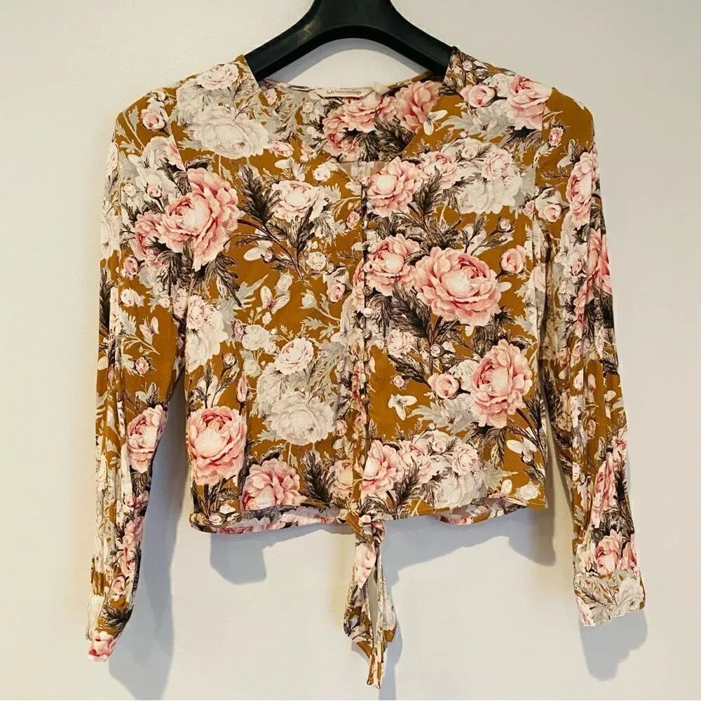 Soft Surroundings Brown Floral Button Tie Front Blouse Size Small